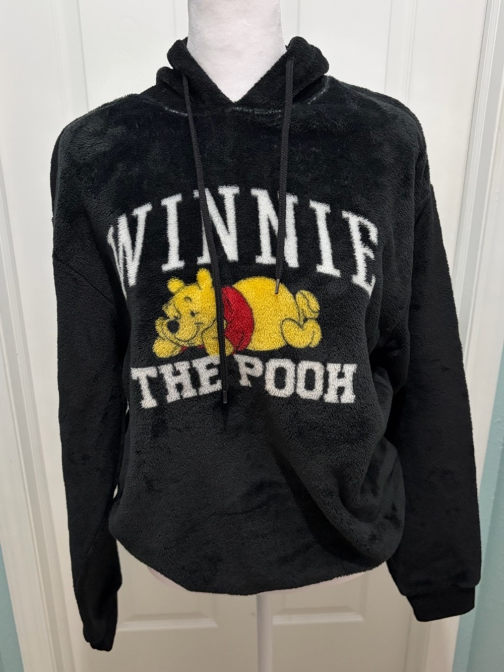Winnie-the-Pooh Plush Hoodie Black Cozy Pullover Sweatshirt - Women’s Medium